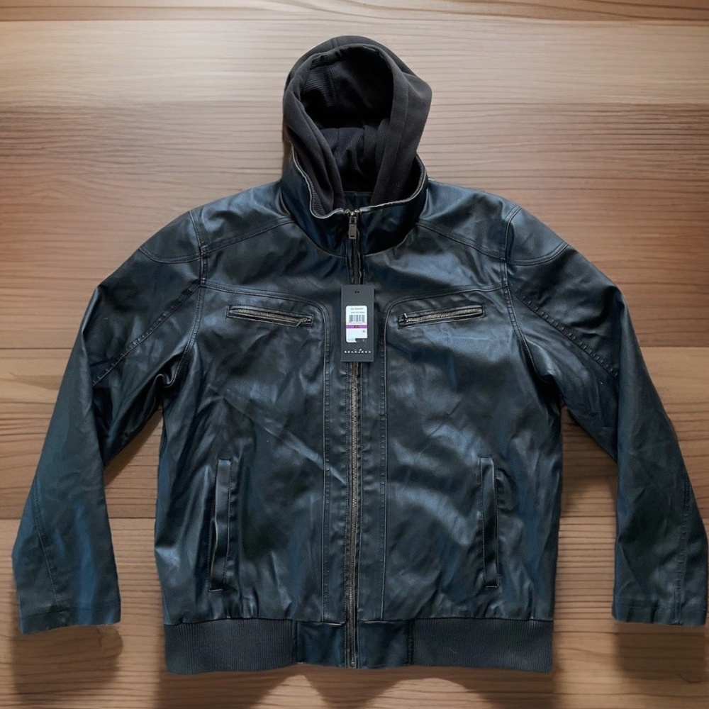NWT GIII SEAN JOHN Mens XXL Brown Faux Leather Removable Hooded Bib Lined Jacket
